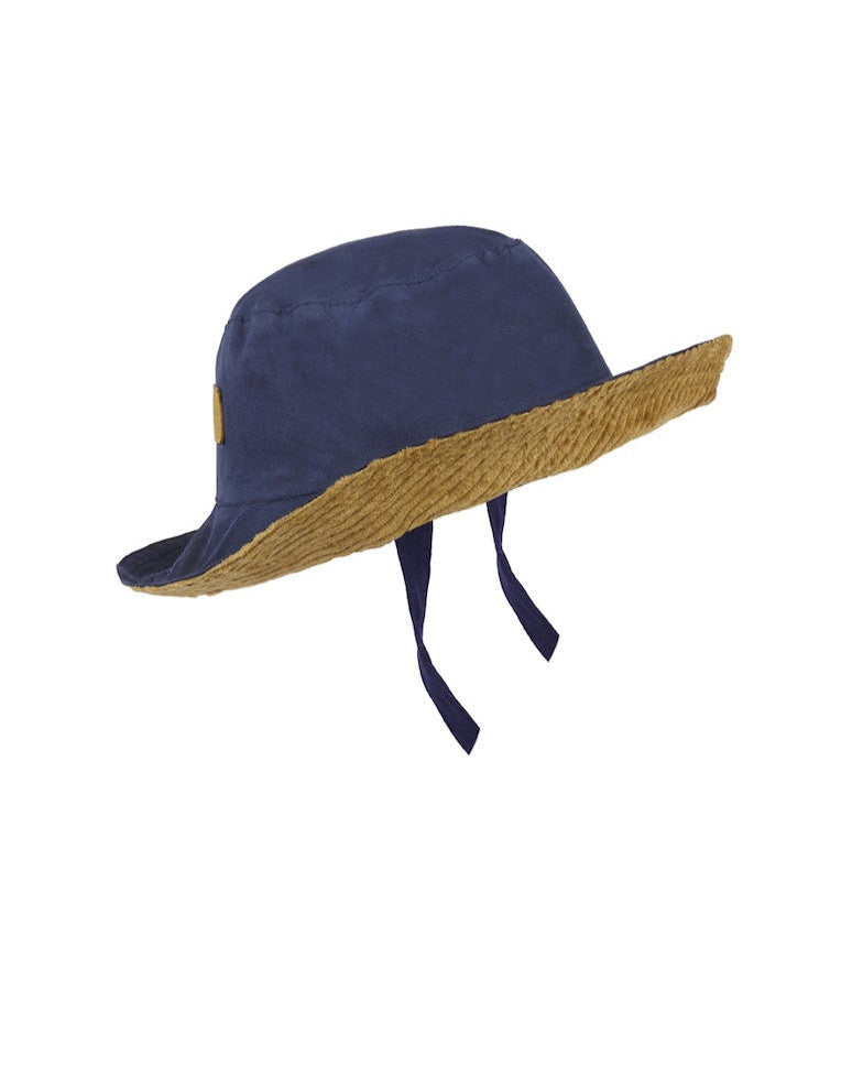 Navy and mustard rain hat