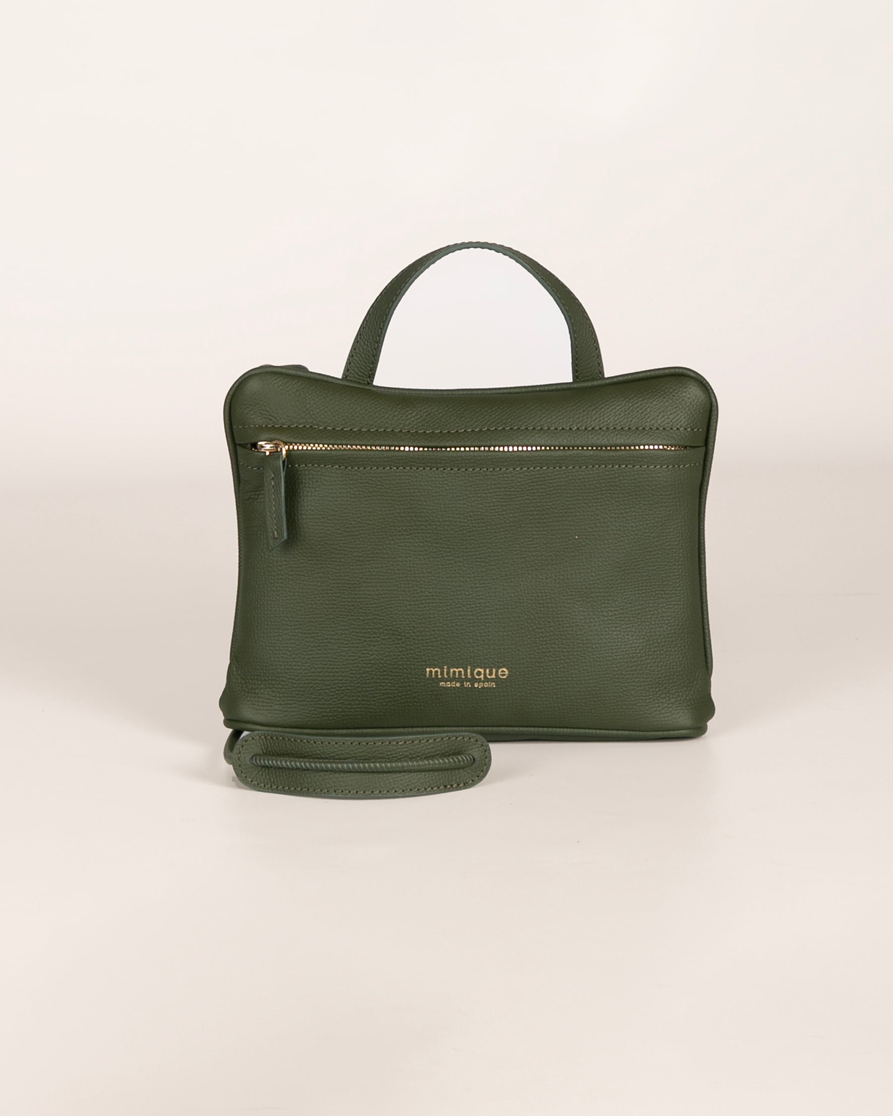 Bolso para mujer de piel caqui América Mimique. Bandolera ajustable, cremallera, calidad