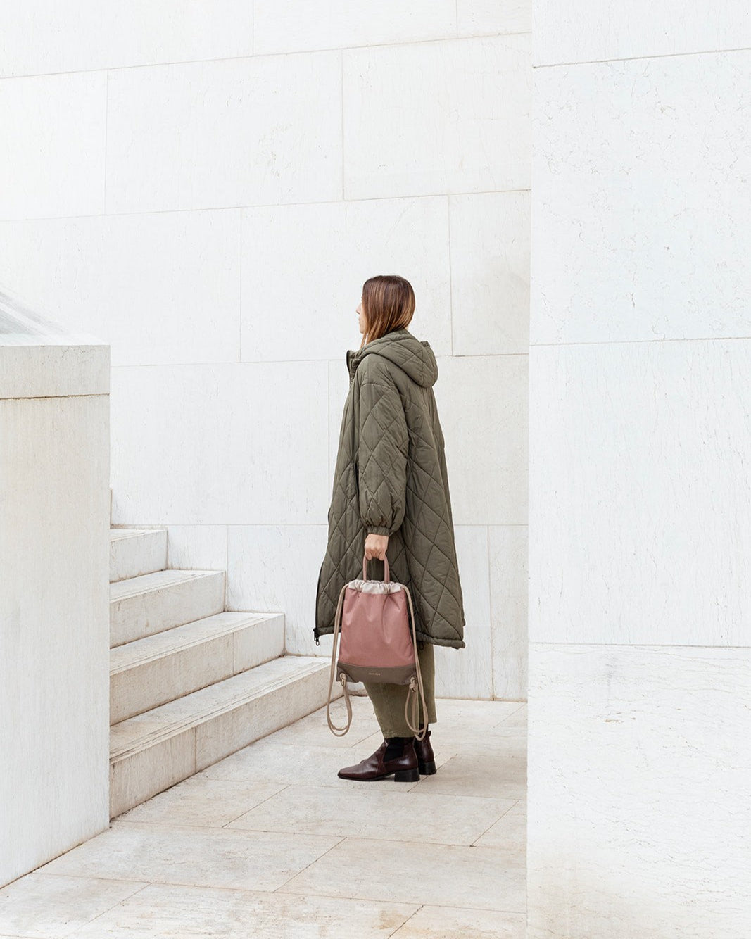 Mochila bolso de piel y loneta Atalaya rosa hecha a mano en España Mimique