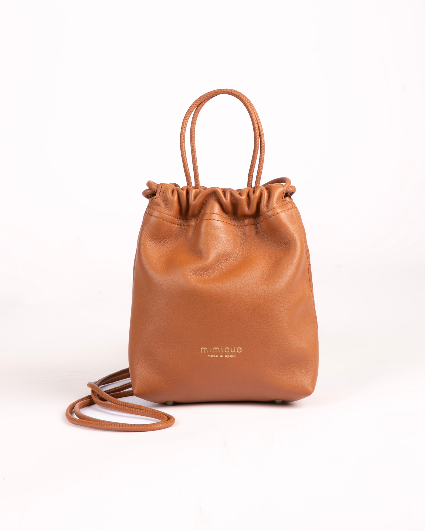 Bolso bombonera pequeña de piel cuero marrón Cue de Mimique. Made in Spain
