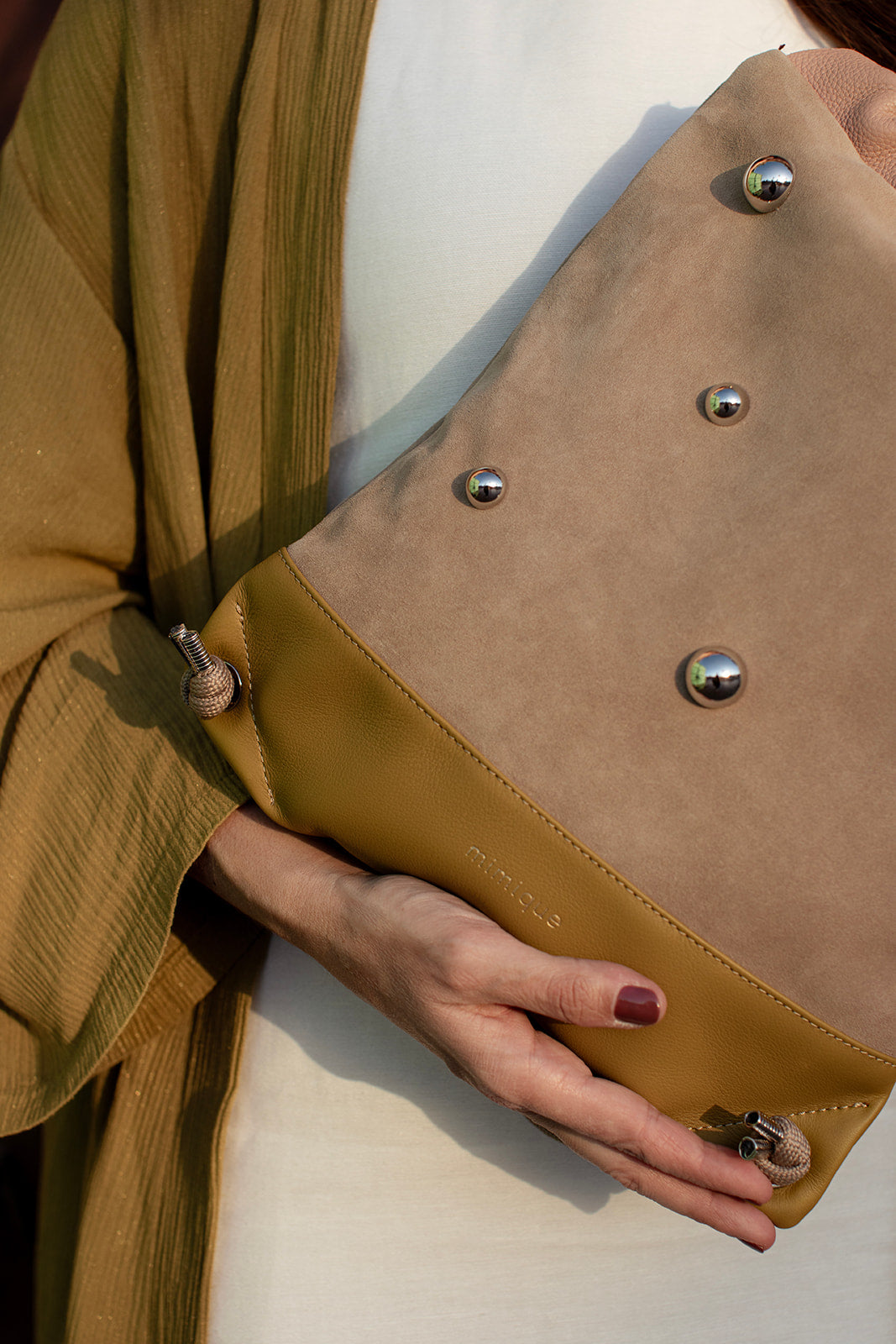 Mini half ball studs in ochre, taupe and makeup