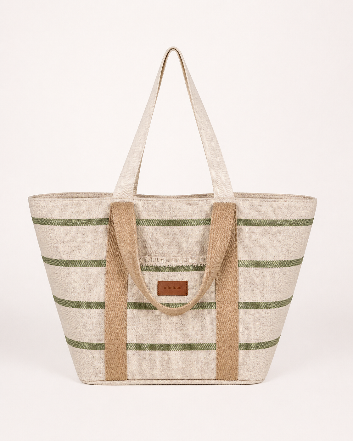 Bolsa de playa Mimique rayas verdes en loneta rústica de la mejor calidad con cremallera y gran capacidad. Made in Spain