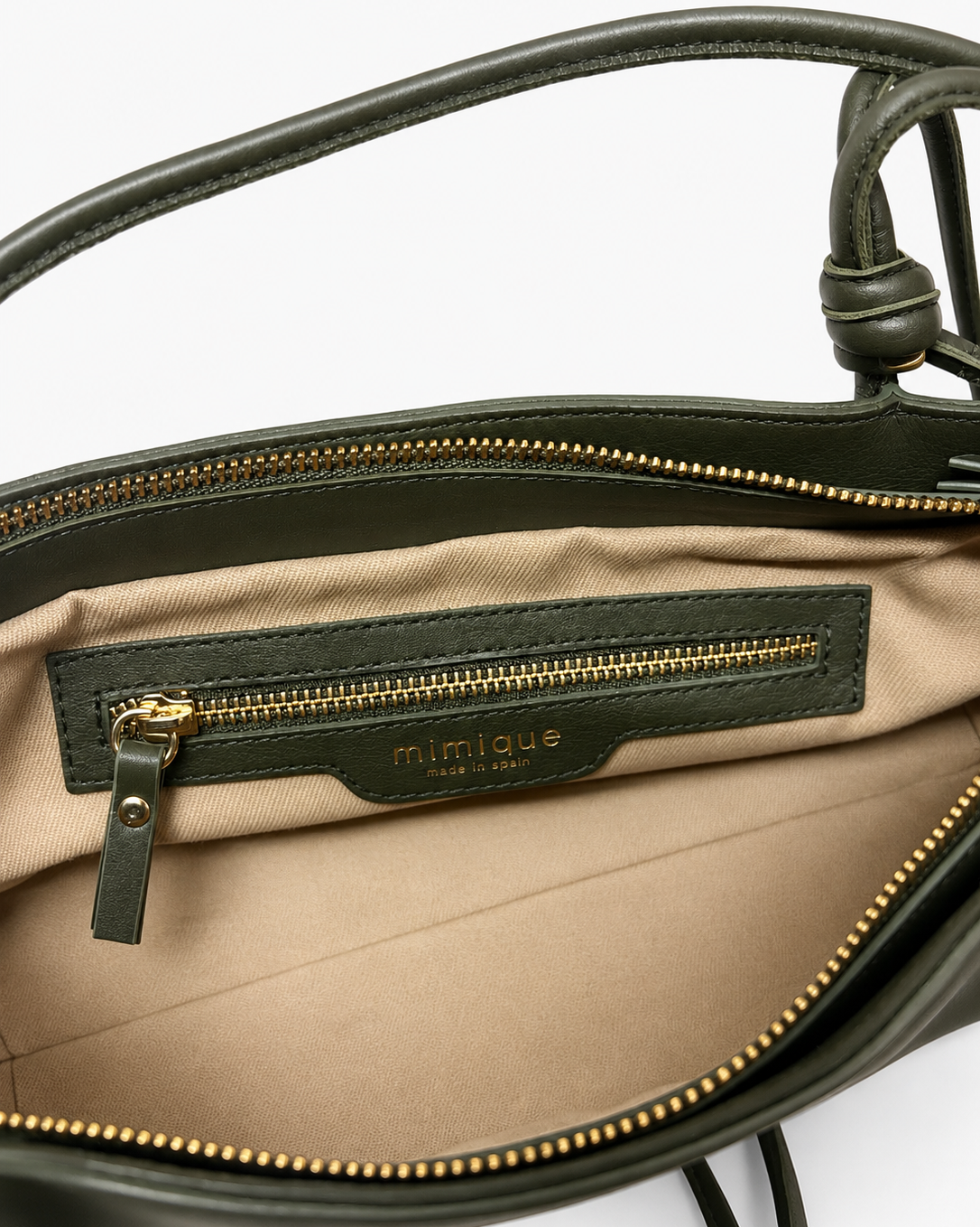 Bolso Toranda caqui para mujer de Mimique con forro y bolsillo interior con cremallera