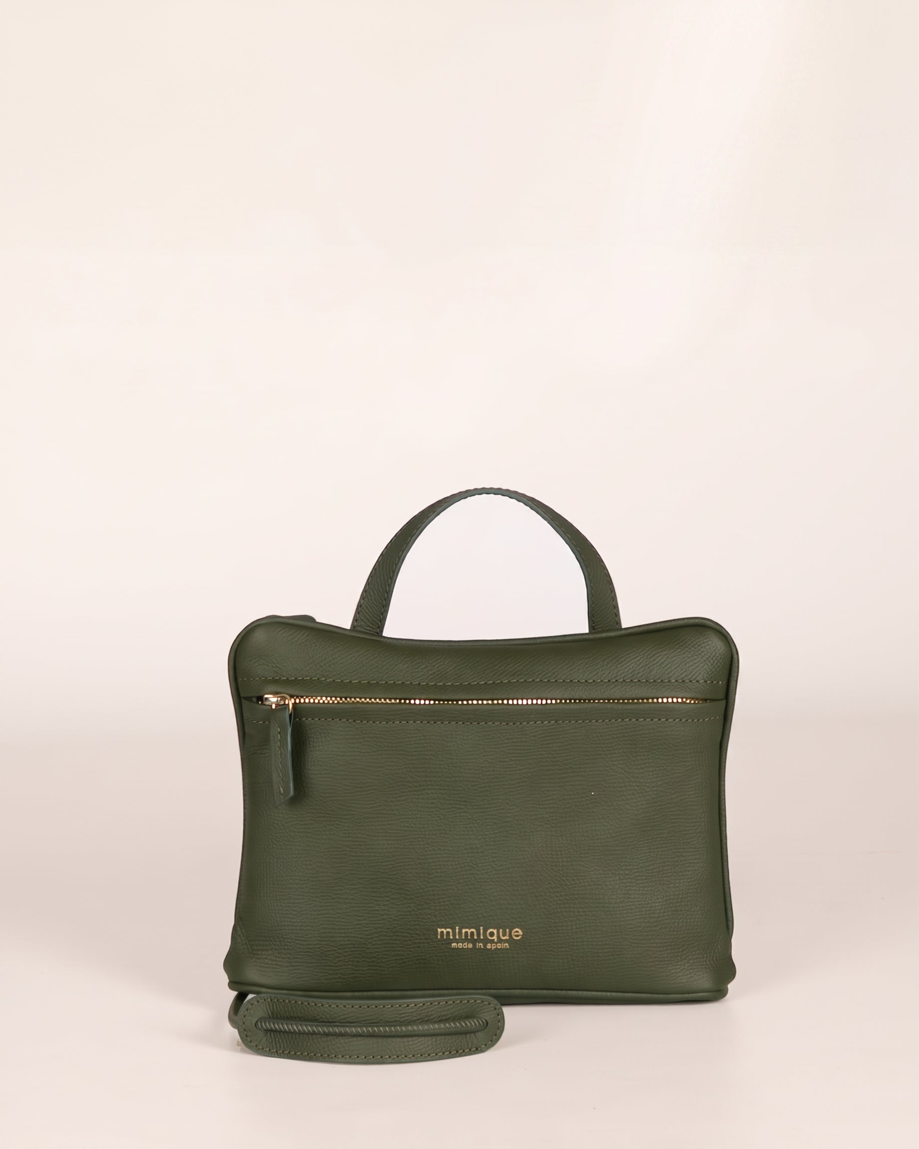 Bolso para mujer de piel caqui América Mimique. Bandolera ajustable, cremallera, calidad made in Spain