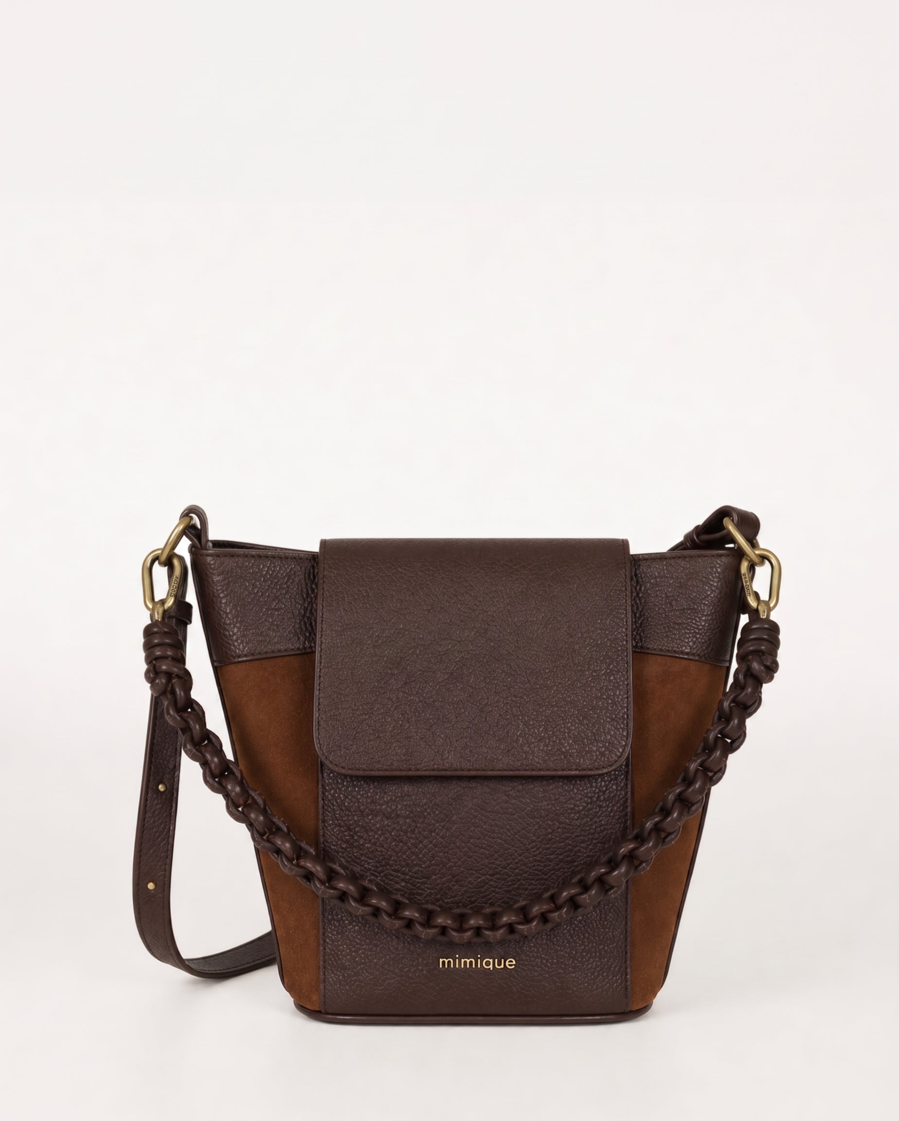 Bolso para mujer de piel y serraje Andrín color chocolate con asa trenzada de piel premium y gran capacidad | Mimique