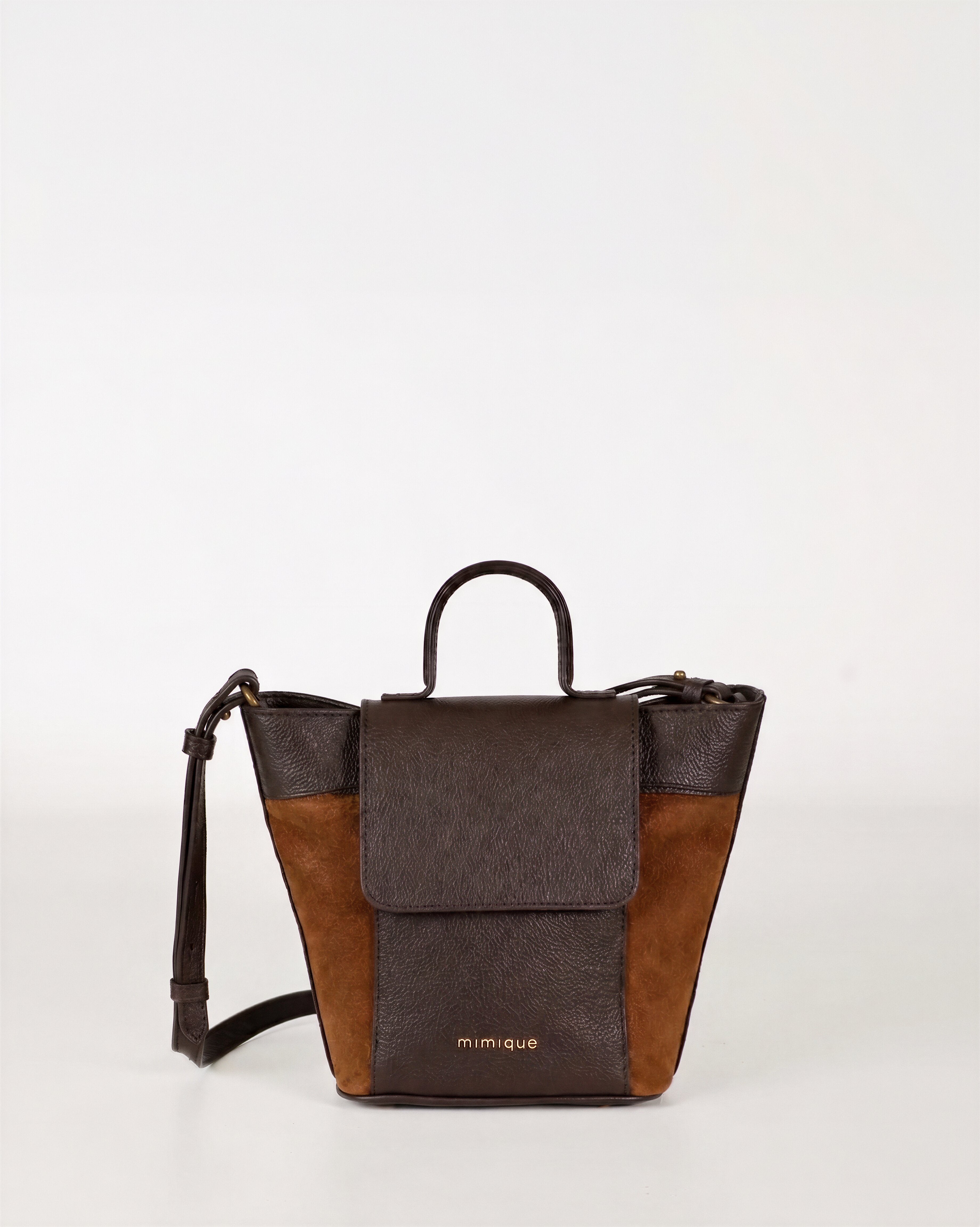 Bolso bandolera para mujer Andrín mini de Mimique en piel y serraje de gran calidad marrón chocolate y caramelo. Artesanía Made in Spain