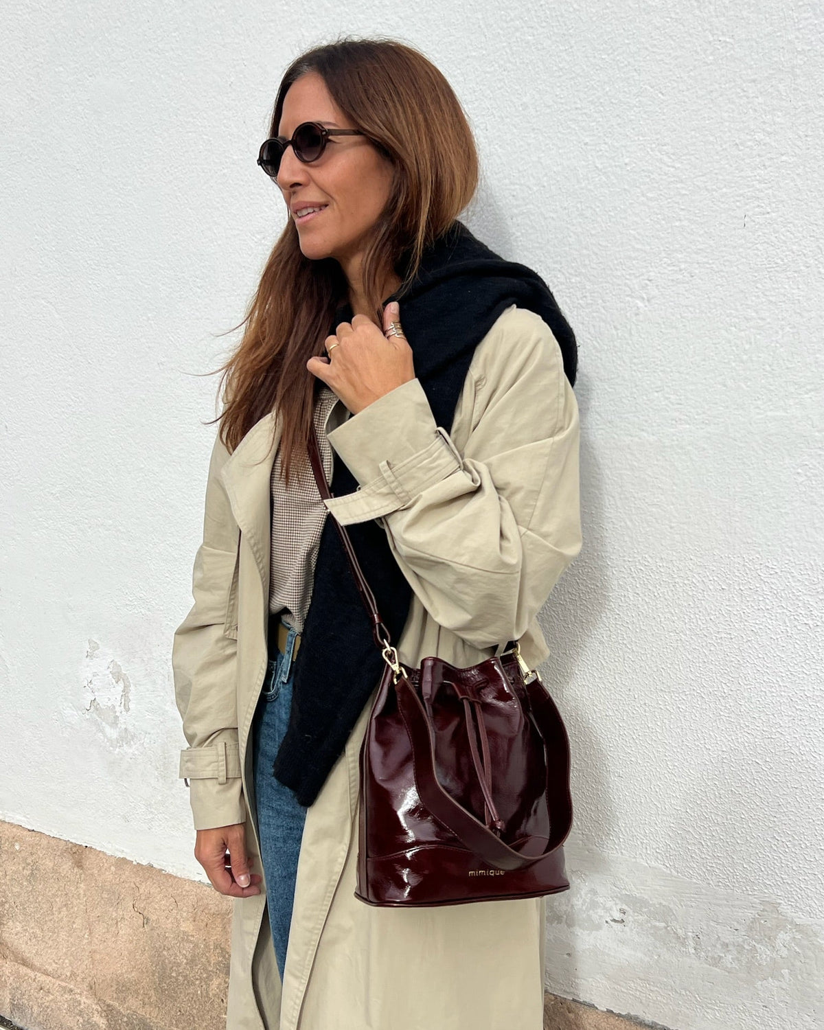 Bolso Serín caoba bombonera charol Mimique para mujer en piel de gran calidad hecho en España