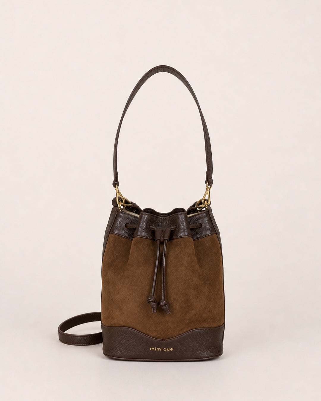 Bolso bombonera Serín marrón de Mimique en piel y serraje de máxima calidad, cómoda, ligera y atemporal made in Spain