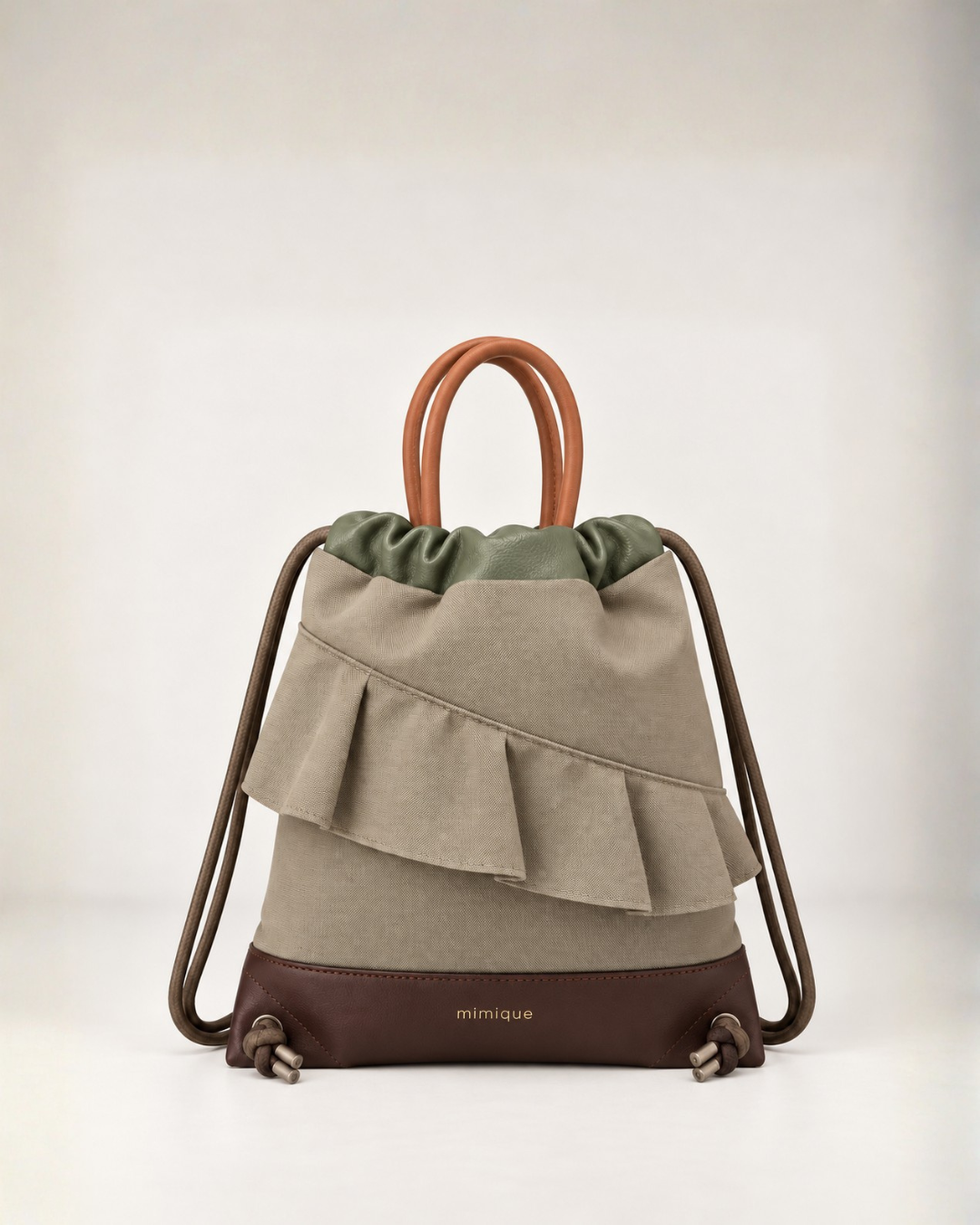 Zahora mini beige mochila bolso de Mimique con volante en piel y loneta de gran calidad made in spain