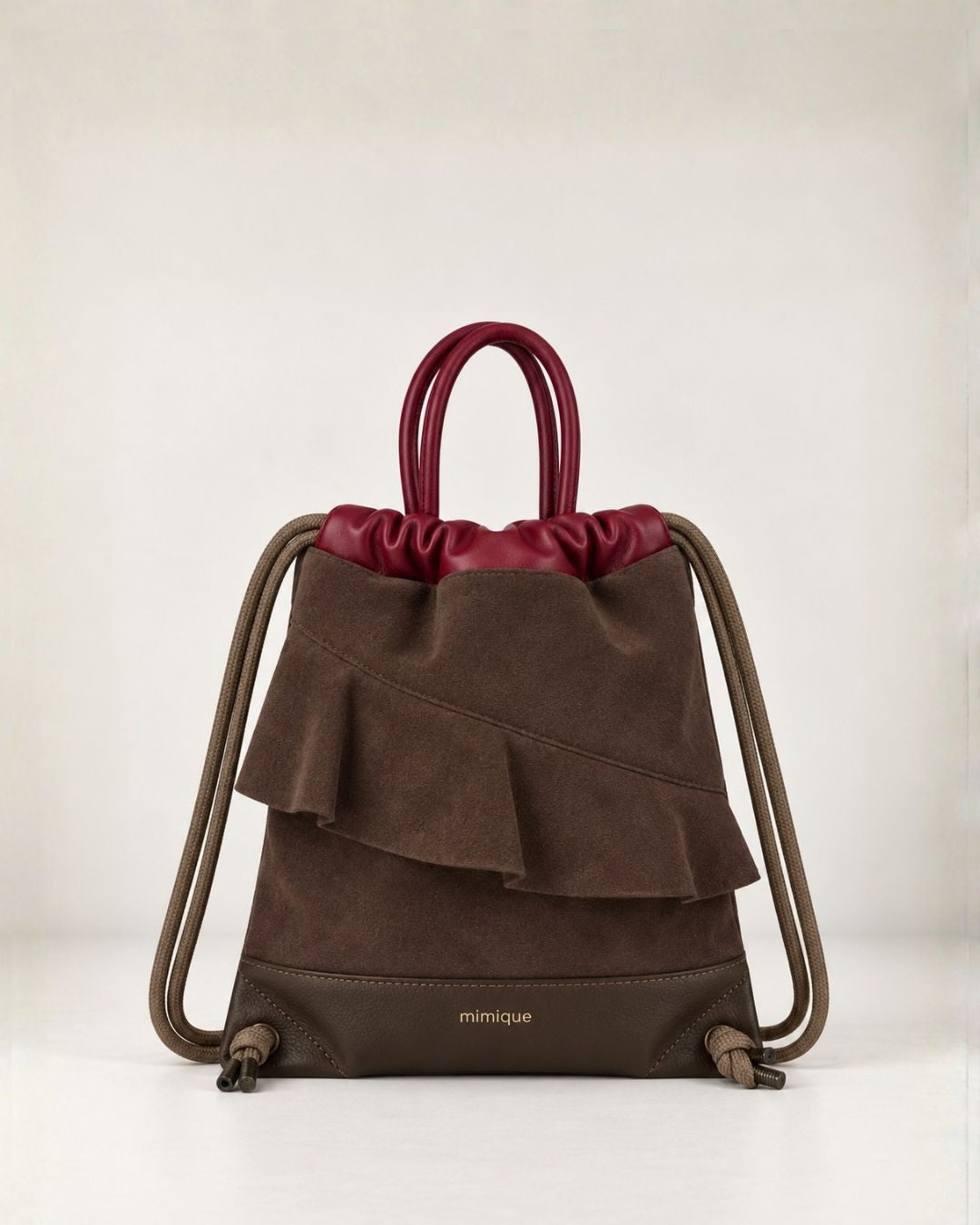 Mochila bolso de piel con volante Bolonia mini color topo y frambuesa de gran calidad y capacidad