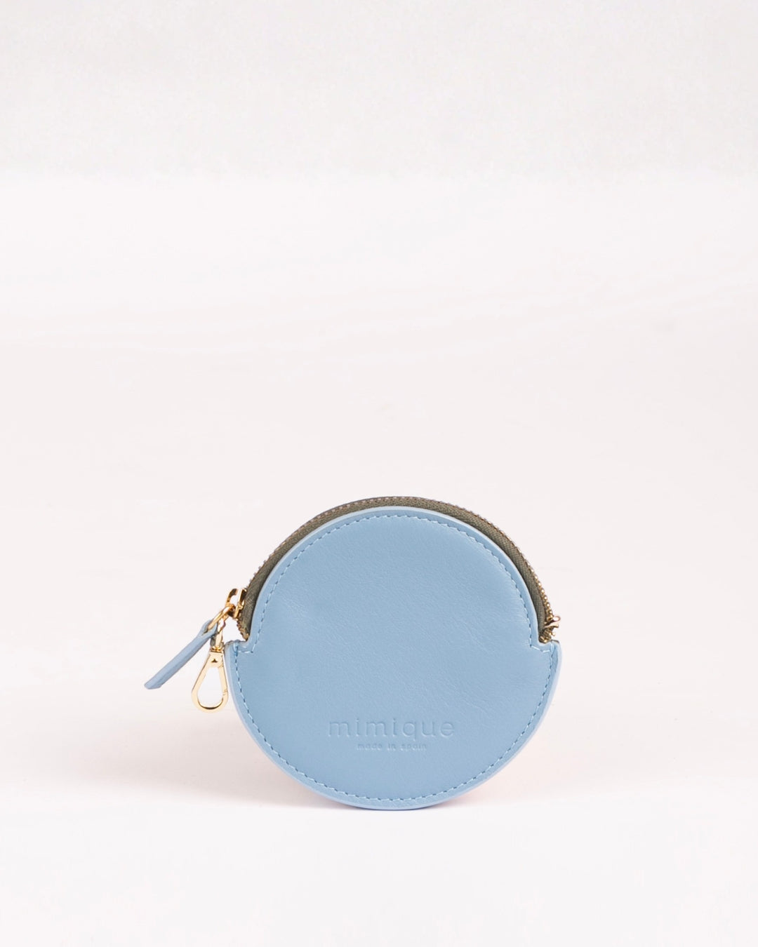 Monedero galleta de piel Mimique bicolor azul cielo y oliva con cremallera de gran calidad made in Spain
