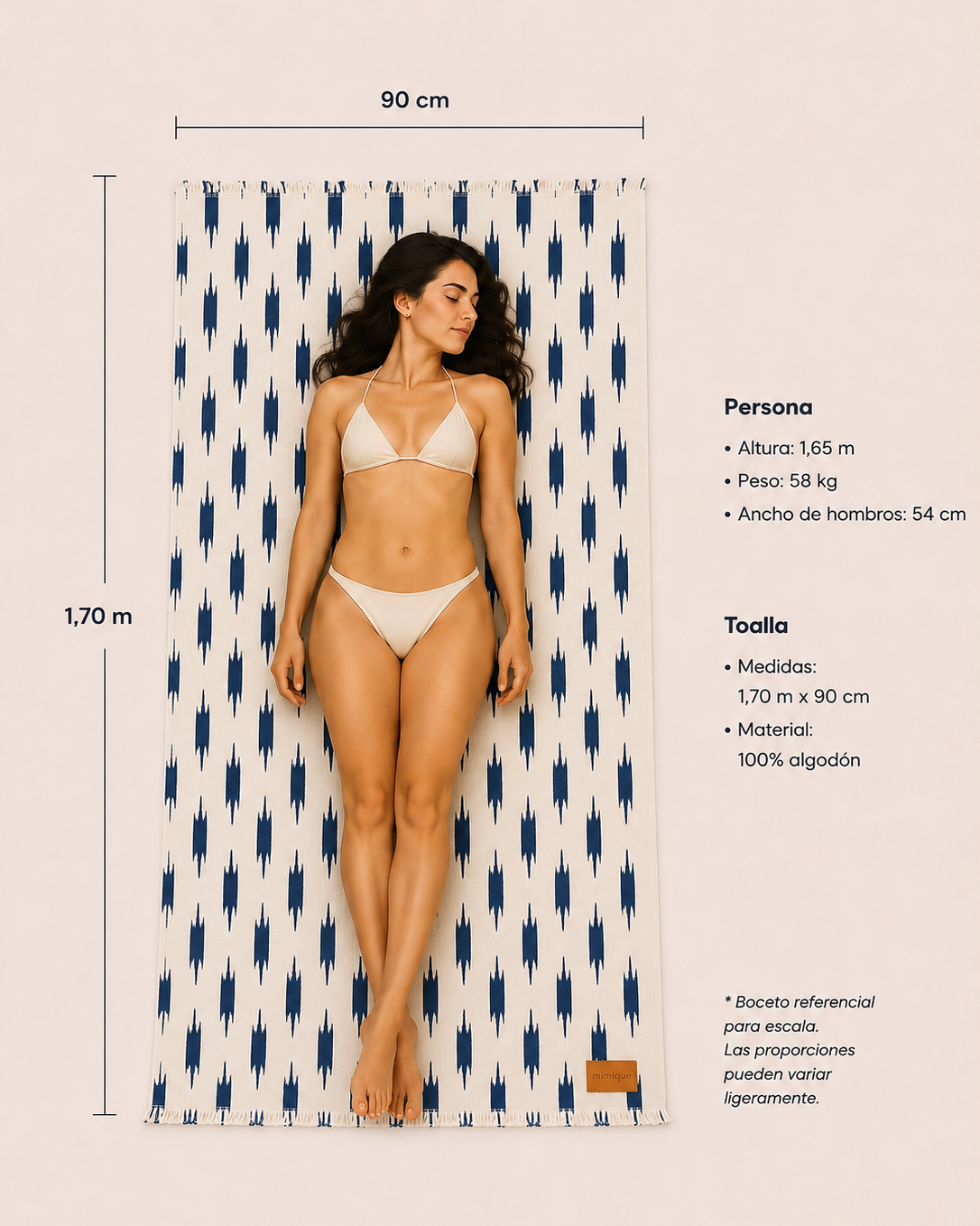 Toalla tejido ikat mallorquín Mimique de tamaño grande medidas color blanco y azul marino navy