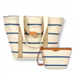 Bolsa de Playa de tela en forma de capazo en pack con el neceser a juego.