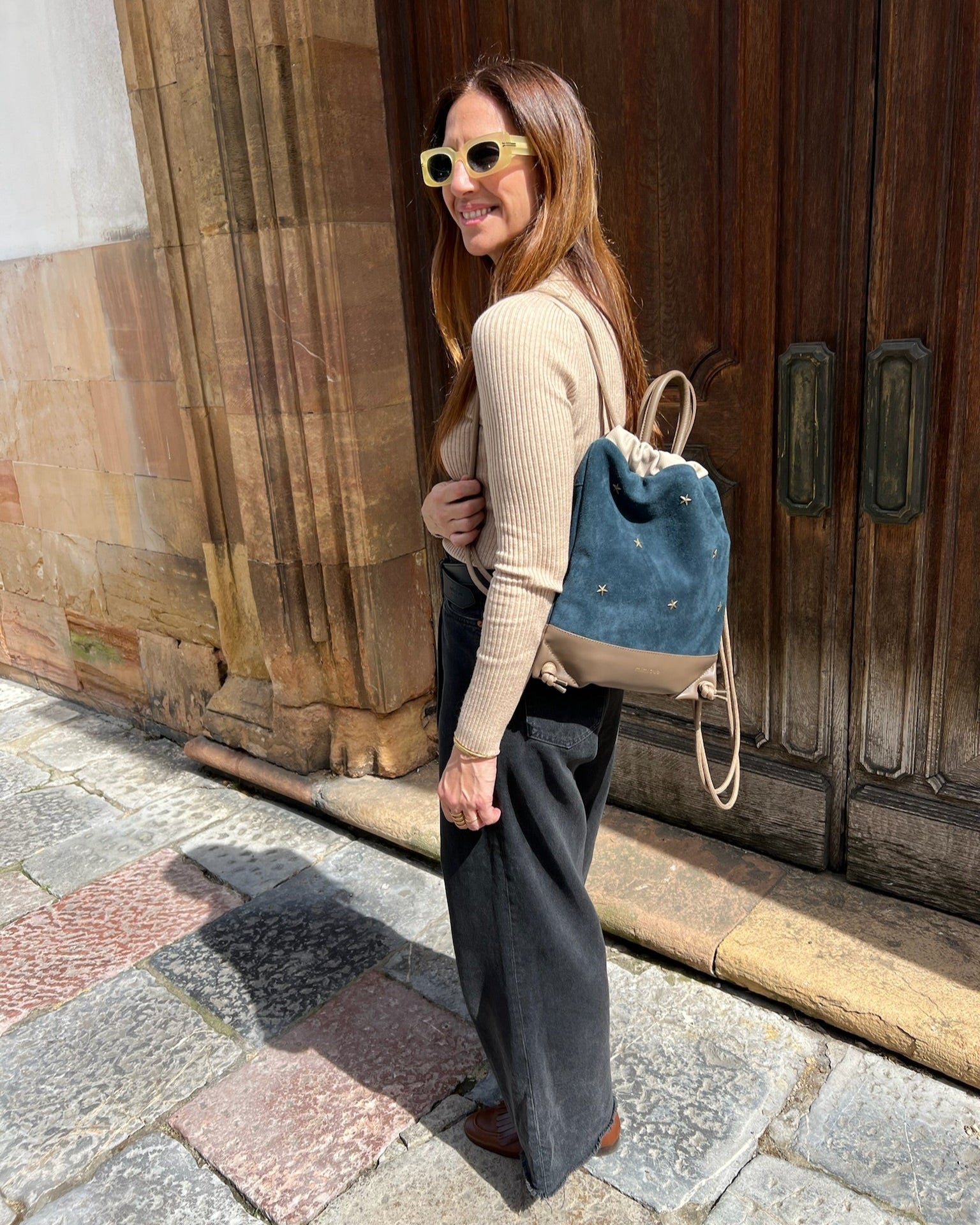 Mochila bolso mujer Tachuelas mini Mimique piel azul gran capacidad y calidad