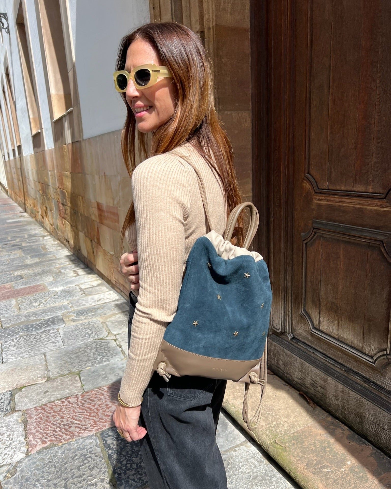 Mochila bolso mujer Tachuelas mini Mimique piel azul gran capacidad y calidad