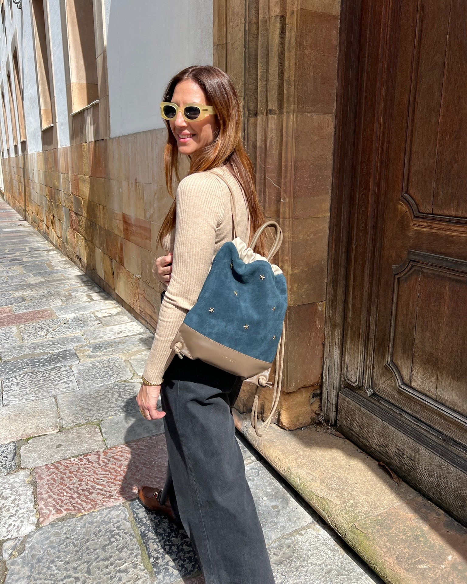 Mochila bolso mujer Tachuelas mini Mimique piel azul gran capacidad y calidad