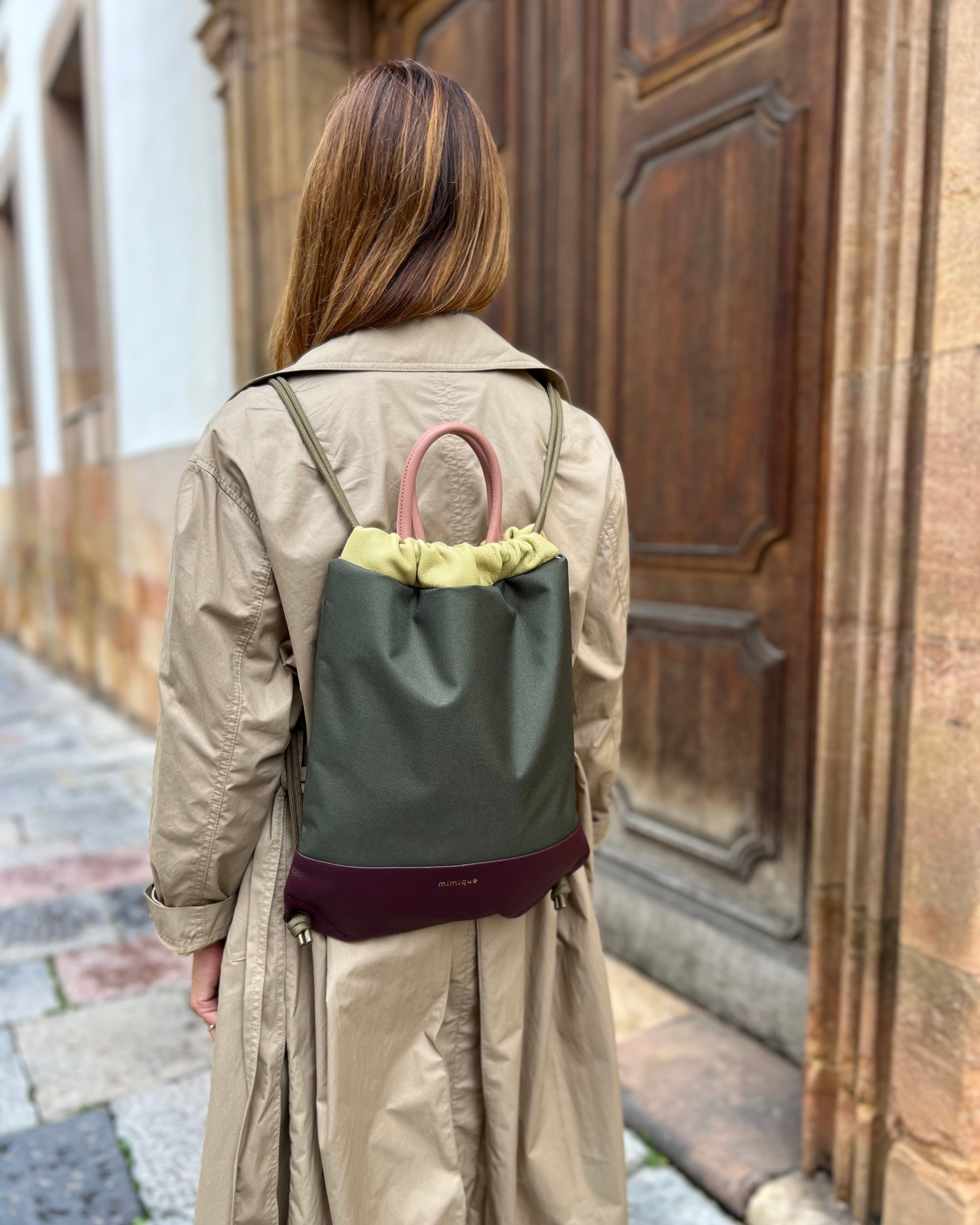 Mochila para mujer grande Sevalle Mimique verde caqui. Hecha a mano en España