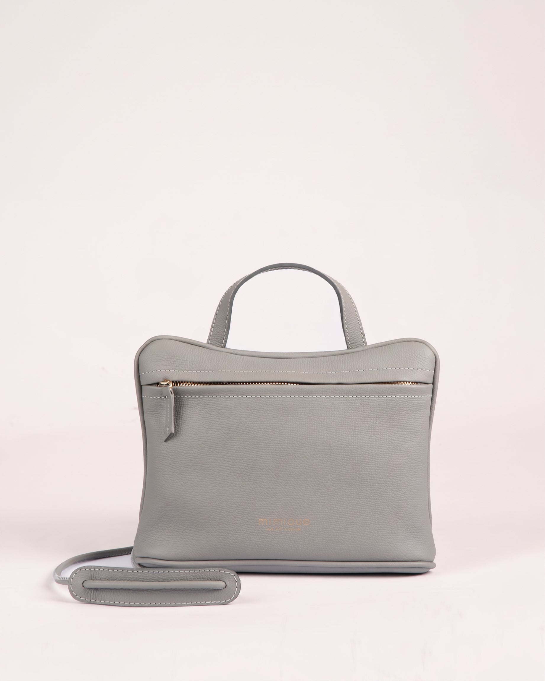 Bolso de piel de gran calidad América de Mimique color gris con bandolera ajustable y cierre con cremallera