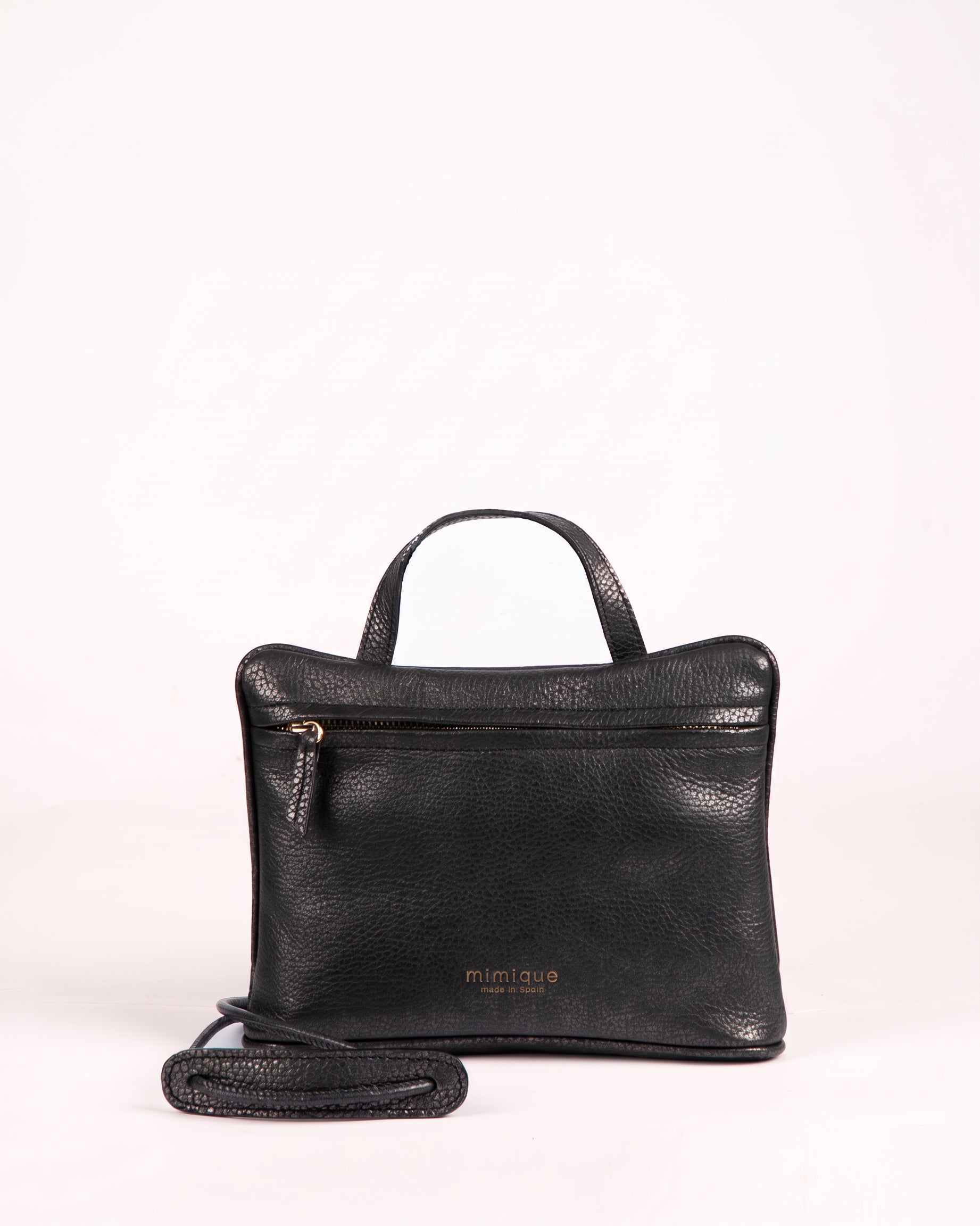 Bolso bandolera América en piel de gran calidad negro metalizado confeccionado de forma artesanal en España