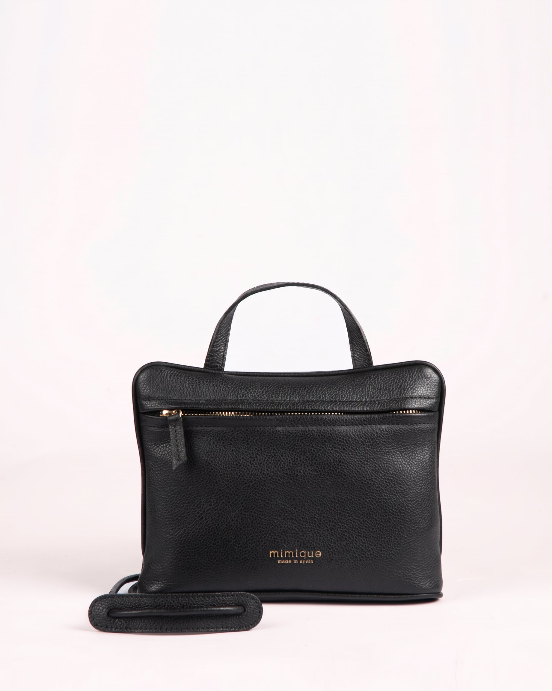América negro bolso de piel para mujer de Mimique con bandolera ajustable y cremallera made in Spain