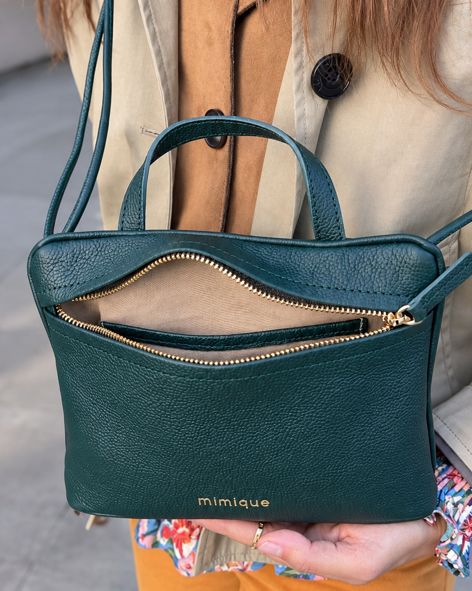 Bolso bandolera América verde pato Mimique con cierre con cremallera y forro y bolsillo interior made in Spain