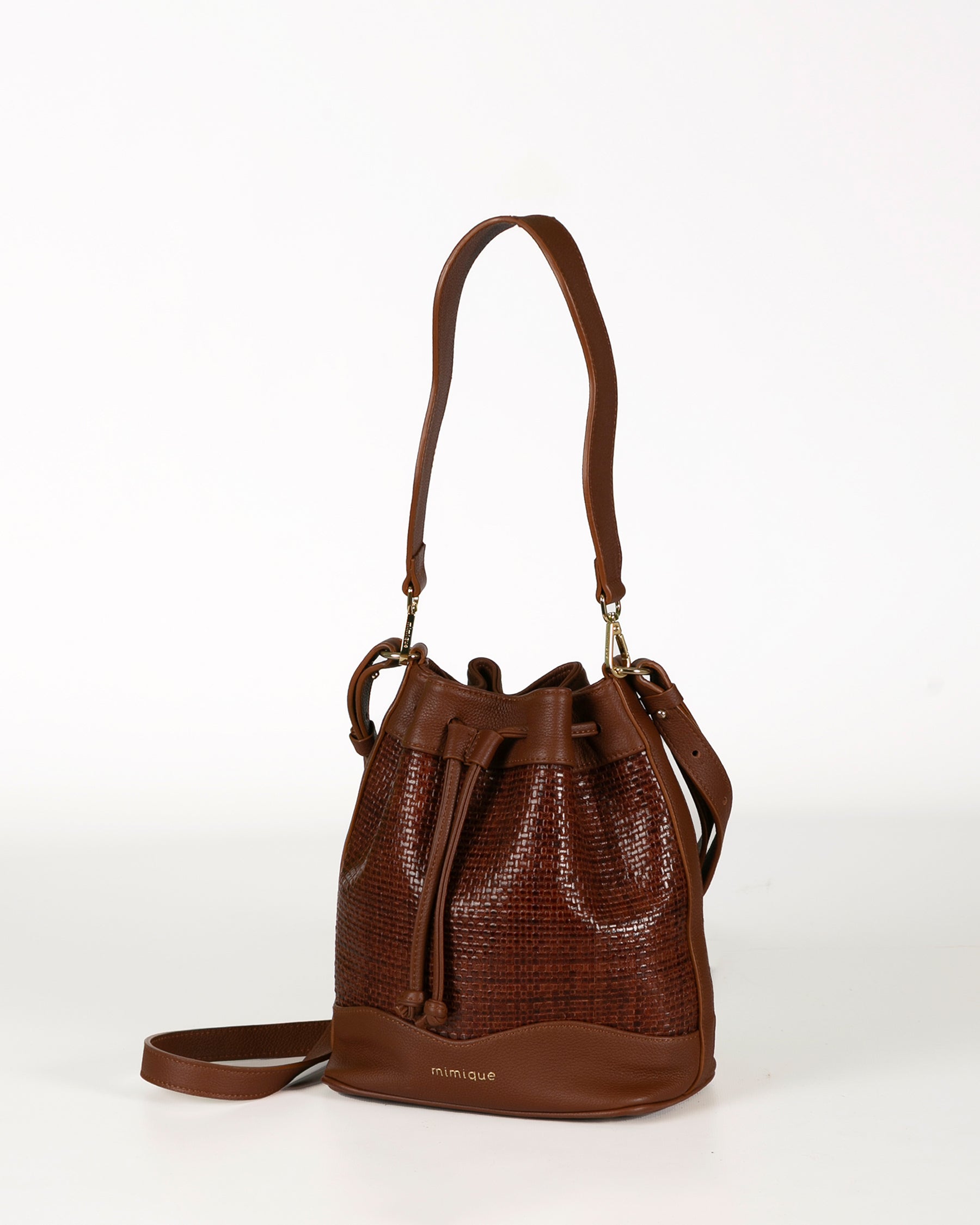 Bolso bombonera Serín coñac para mujer en piel trenzada de gran calidad. Bandolera ajustable - Mimique