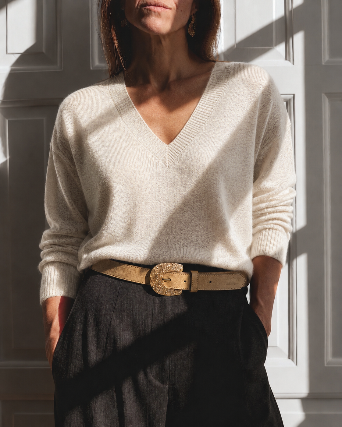 Buelna camel praliné cinturón premium de piel para mujer de Mimique made in Spain hebilla metacrilato con detalles dorados