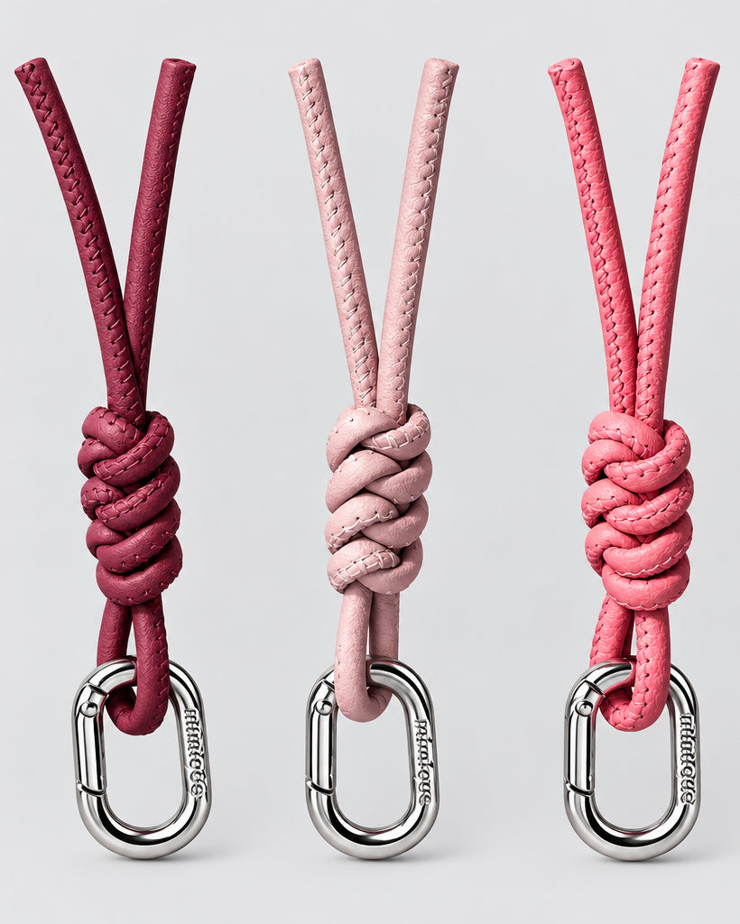 Llavero solidario de piel rosa Mimique con nudo de espiga y diseño de lazo lucha contra el cáncer de mama 