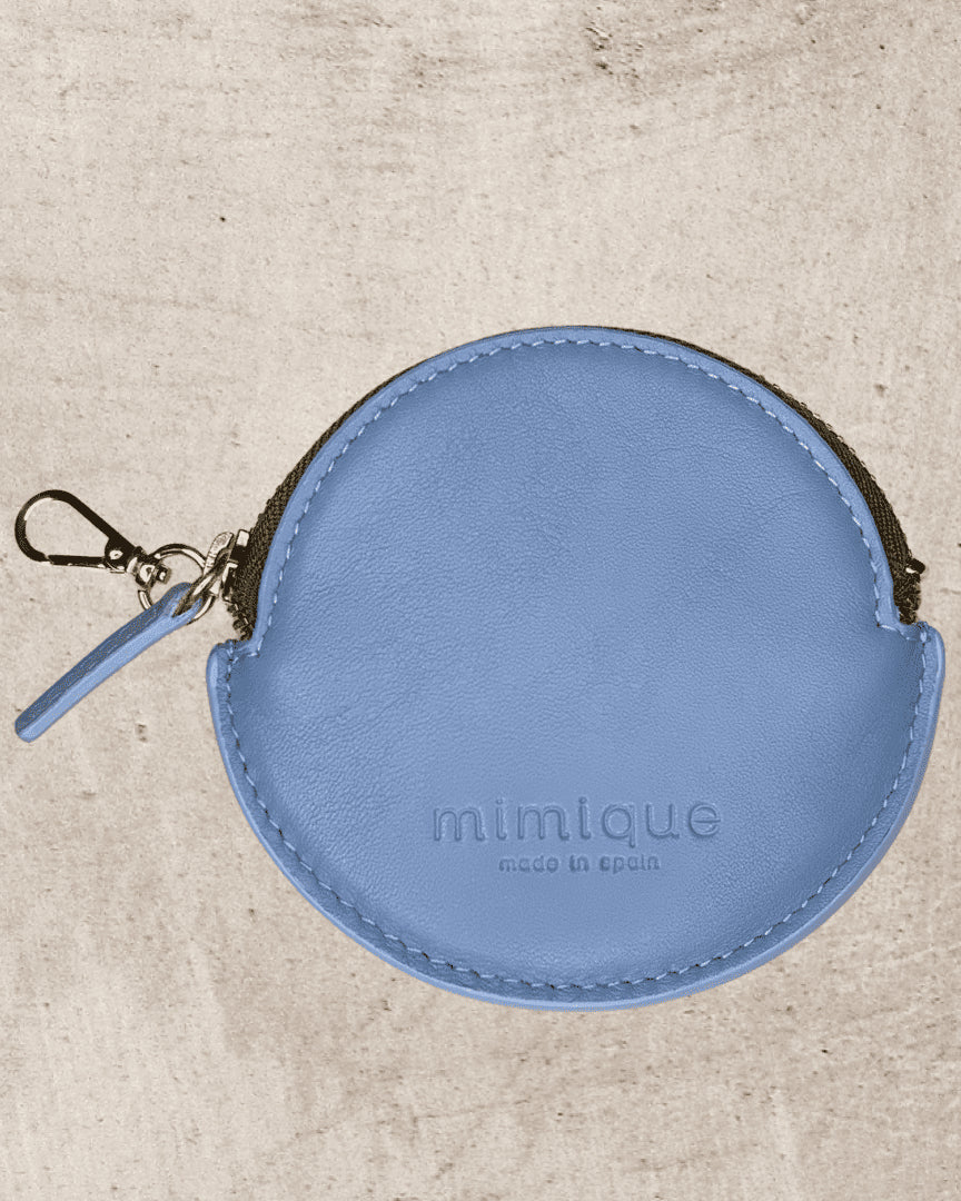 Monedero redondo galleta Mimique en piel de alta calidad azul cielo y oliva hecho a mano en España