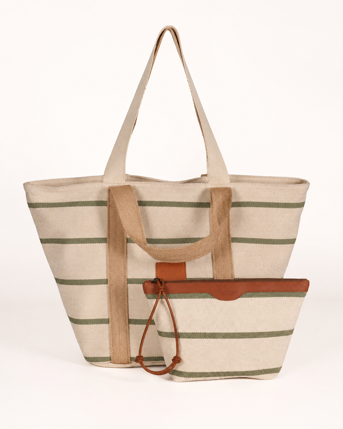 pack bolsa de playa y bolso de mano Rodiles raya verde con cremallera y gran capacidad y calidad made in Spain