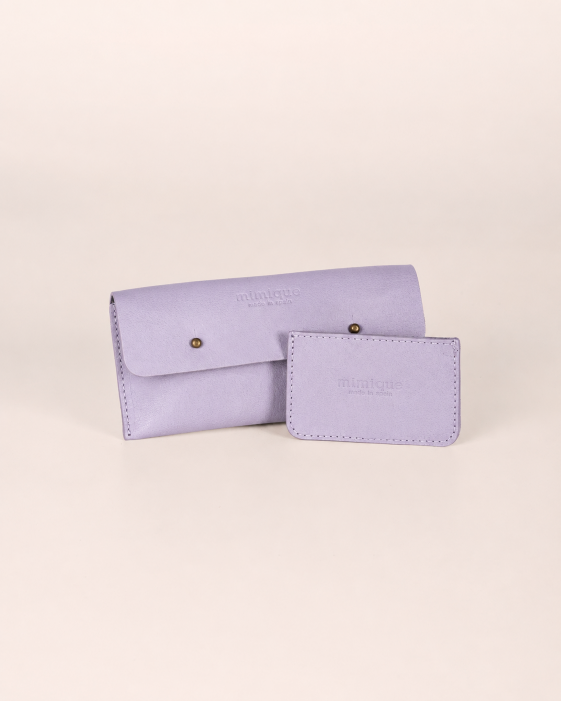 Pack funda de móvil y tarjetero de piel Mimique color lavanda hecho a mano en España