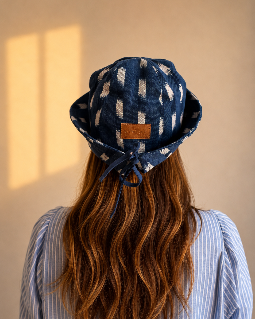 Sombrero de mujer ikat Mimique en color azul cómodo, versátil y con cordón para ajustar made in Spain